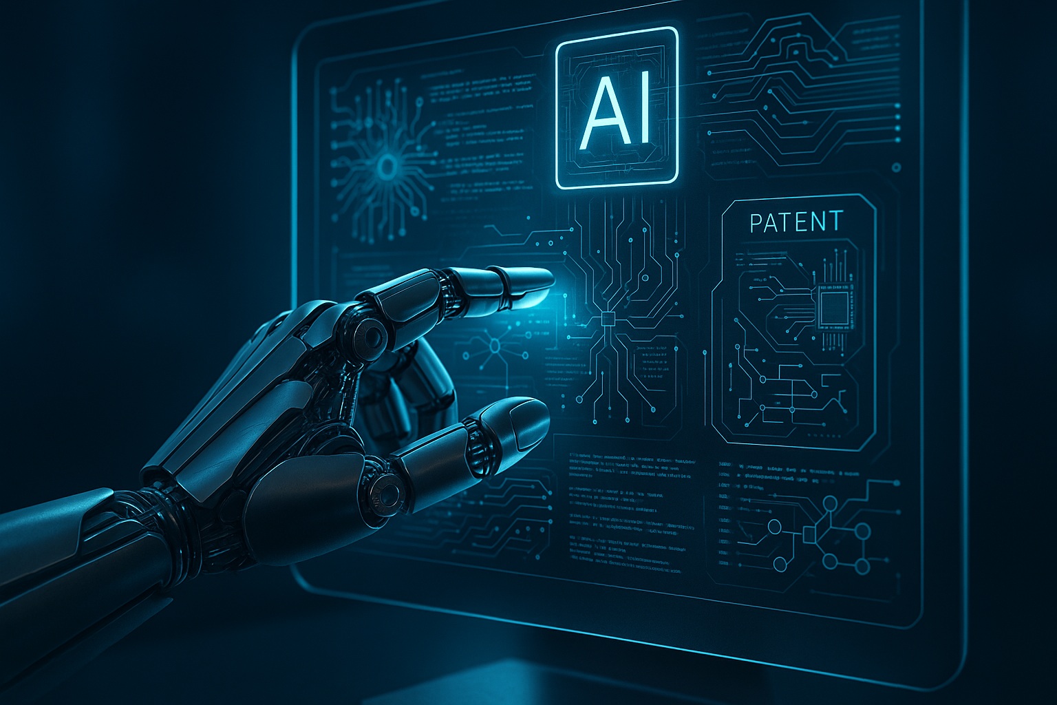 Robotic hand interacting with AI algorithms on touchscreen