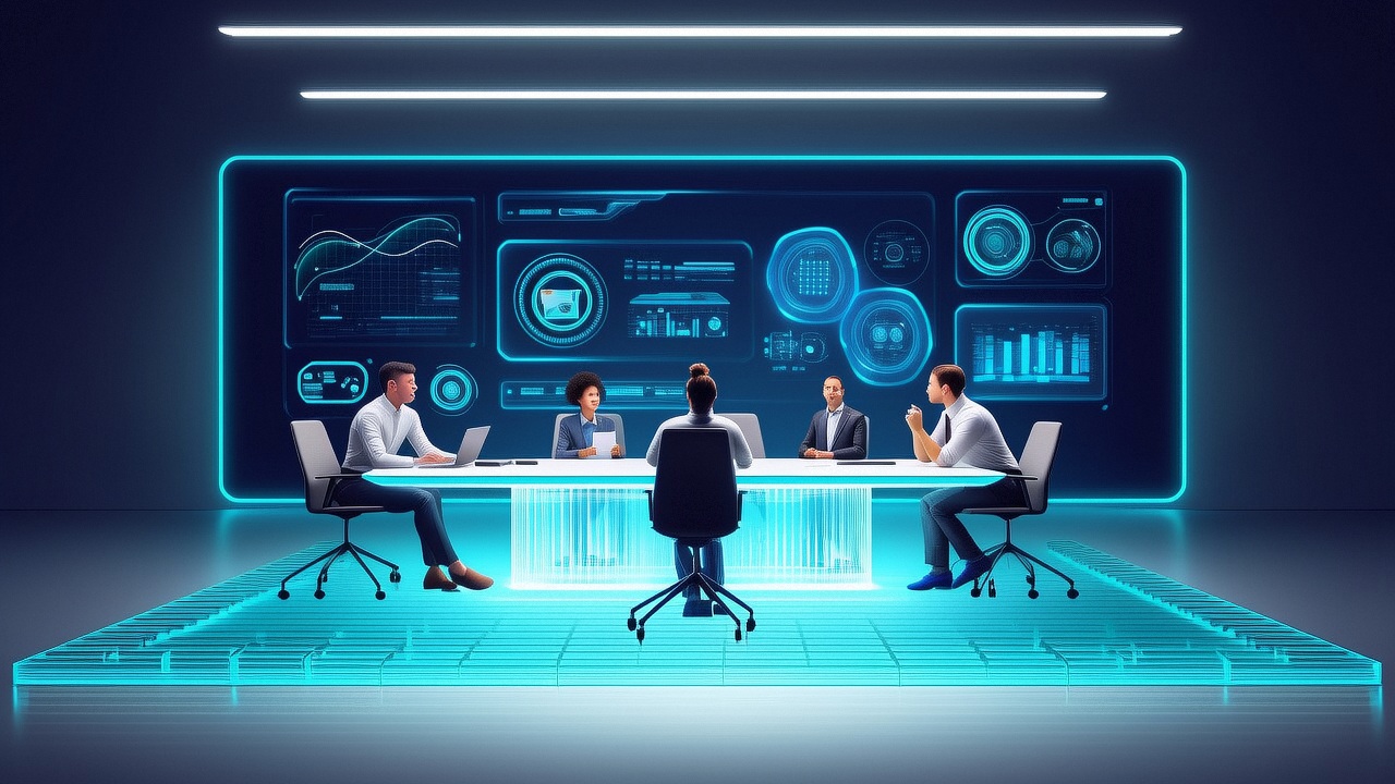 Entrepreneurs collaborating over AI prototypes and data visualizations