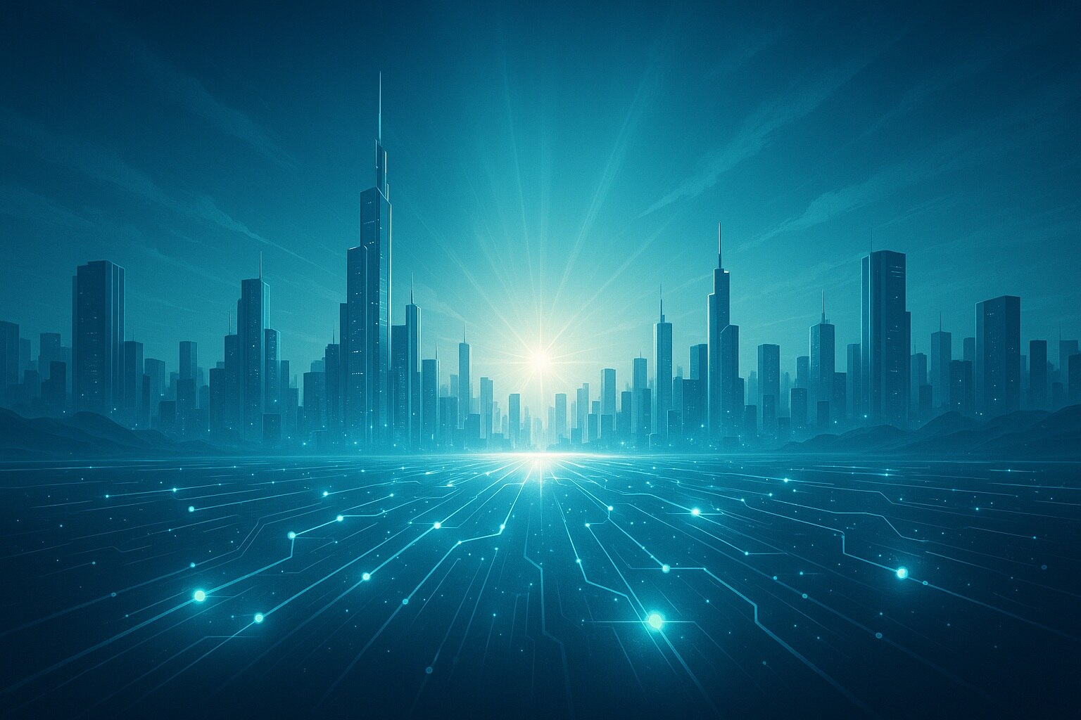 Bright horizon with digital light beams representing AI innovation